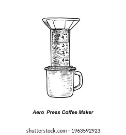 Aero Press Coffee Maker, gravure style ink drawing illustration with handwritten inscription