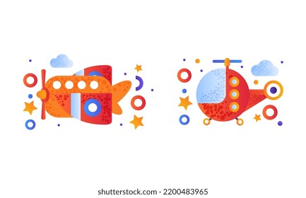 Aero Vehicle Icon with Plane and Helicopter Colorful Pictogram Vector Set
