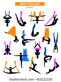 Aero yoga black white isolated icon set with silhouettes of women training in colored fabrics vector illustration