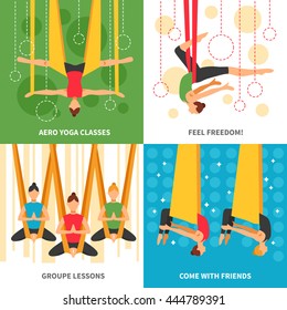 Aero yoga design concept four square icon set with themes aero yoga classes feel freedom group lessons and come with friends vector illustration