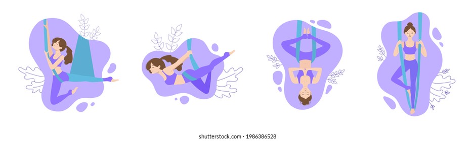 Aero yoga, fly yoga, inverted yoga pose in hammocks, Aerial Yoga. Happy young girl hanging upside down in a hammock with her hands folded in namaste. Set of icons for social networks and websites