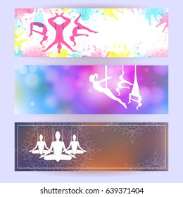 Aero yoga horizontal banners. Flyer design. Background with silhouette of woman. Vector illustration