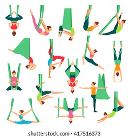 Aero yoga isolated decorative icons set with young girls doing anti gravity yoga exercises in special hammocks flat vector illustration