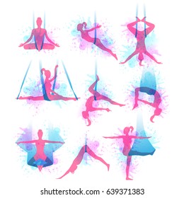 Aero yoga watercolor icons. Women performing asanas in a hanging hammock. Logo design. Vector illustration.