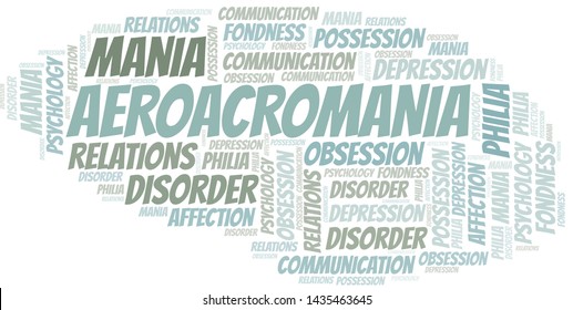 Aeroacromania word cloud. Type of mania, made with text only.