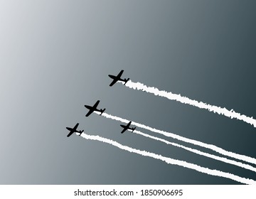 Avión aerobático con senderos de humo en el cielo. Ilustración vectorial con diseño sencillo. Ejército, espectáculo, vuelo, pista de humo, cielo, espectáculo aéreo