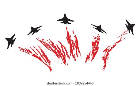 Aerobatic team with fighter aircrafts contrails. Vector silhouette