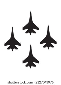 Aerobatic team of fighter aircrafts. Vector silhouette