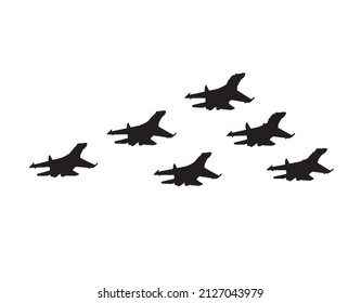 Aerobatic team of fighter aircrafts. Vector silhouette