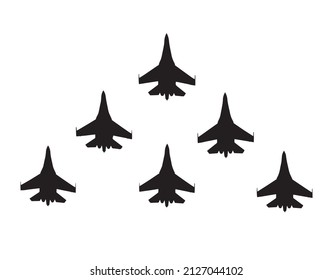 Aerobatic team of fighter aircrafts. Vector silhouette