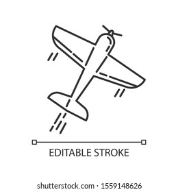 Aerobatics linear icon. Aerobatic maneuvers and stunt flying. Airforce show with plane. Aviation, aircraft performance. Airplanes tricks. Contour symbol. Vector isolated drawing. Editable stroke