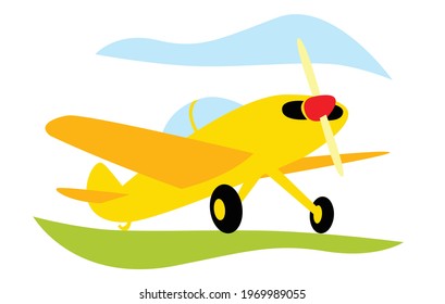 Aerobatics. Small sports plane on the airfield. Vector image for logo, prints or illustrations.