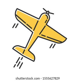 Aerobatics yellow color icon. Aerobatic maneuvers and stunt flying. Airforce show with plane. Aviation, aircraft performance. Extreme airshow. Airplanes tricks. Isolated vector illustration