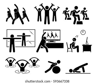 Aerobic class at gym room with instructor. Beginner learning aerobic at home by watching TV and Internet video. Aqua aerobic exercise at swimming pool. Illustrations in stick figures pictogram.