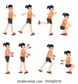 Aerobic and  exercise by jogging and using dumbbells.Vector set of workout icons in flat style.