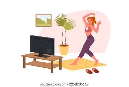 Aerobic exercise and healthy sports morning workout of girl at home vector illustration. Cartoon active fitness woman training in front of TV in living room, watching video lessons and stretching