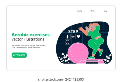 Aerobic exercises in VR. Boost cardio health with virtual step workouts. Energizing fitness blend with technology. Step up your home workout game. Flat vector illustration.