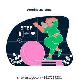 Aerobic exercises in VR. Boost cardio health with virtual step workouts. Energizing fitness blend with technology. Step up your home workout game. Flat vector illustration.