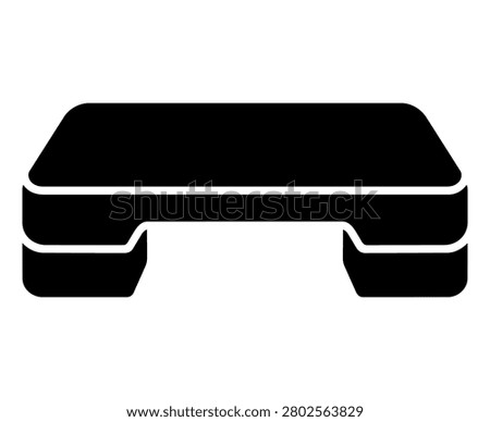Aerobic step platform black silhouette icon with rectangular raised fitness step, support risers, rounded edges and clean white cutout details, isolated on white background. Minimal bold vector-style illustration for step aerobics, cardio workout, gym training, home fitness, sticker, decal, logo, label, and cutting file design.
