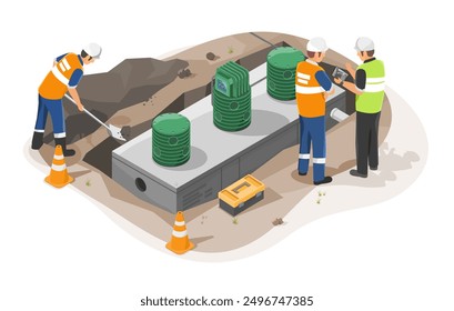 Instalación del sistema de tratamiento aeróbico Ingeniero de tanque séptico doméstico que trabaja en el sitio de trabajo de construcción Concepto ecológico Ilustración aislada isométrica