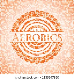 Aerobics abstract emblem, orange mosaic background