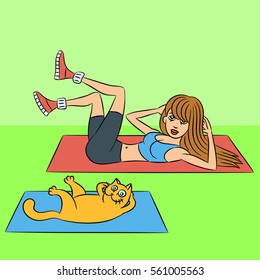 aerobics with the cat exercises green lying down vector illustration