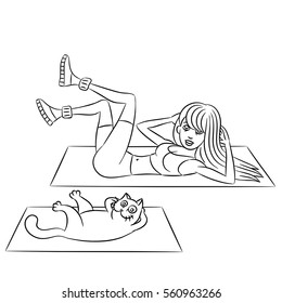 aerobics with the cat exercises lying down vector illustration
