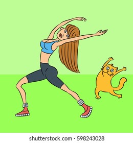 aerobics with the cat. standing exercises. green background. vector illustration