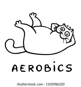 aerobics with cheerful fat cat. exercises lying down. vector illustration