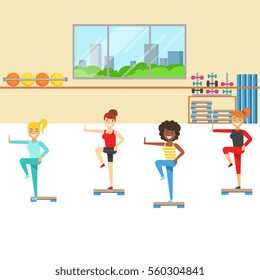 Aerobics Class With Step Equipment , Member Of The Fitness Club Working Out And Exercising In Trendy Sportswear