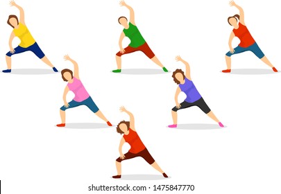 Aerobics. A group of women is engaged in aerobics isolated on a white background. Vector illustration of aerobics concept.