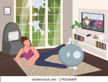 Aerobics at home flat color vector illustration. Woman in sportswear working out with stability ball 2D cartoon character with living room on background. Sportswoman training with TV course