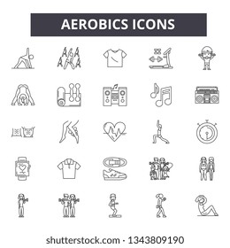 Aerobics Line Icons. Editable Stroke Signs. Concept Icons: Gym, Fitness, Workout, Training, Exercise Class, Body Fit Etc. Aerobics  Outline Illustrations