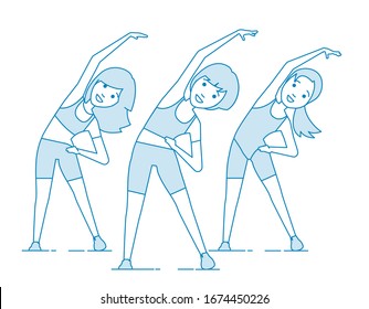 Aerobics. Train create a beautiful figure. Pulling muscles of women. Dropping excess fat. Vector illustration.
