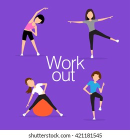 Aerobics. Train create a beautiful figure. Pulling muscles of women. Dropping excess fat. Vector illustration.