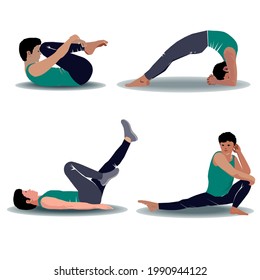 Aerobics Training, Yoga Poses, Home Fitness Concept. Vector Illustration Set Isolated on White Background