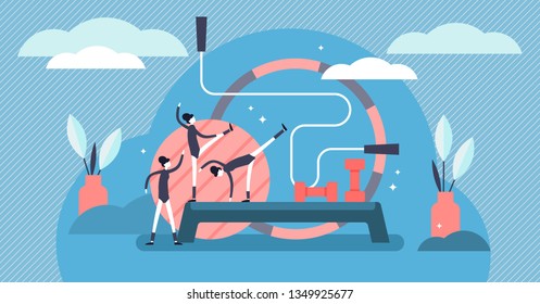 Aerobics vector illustration. Flat tiny gymnastics sports persons concept. Athletic workout lifestyle for flexible figure and healthy exercise balance. Acrobatic practice for good shape and wellness.