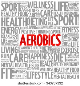 Aerobics word cloud background, health concept