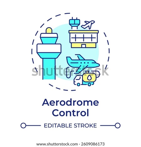 Aerodrome control multi color concept icon. Aircraft fueling. Air traffic towers. Service, technology. Round shape line illustration. Abstract idea. Graphic design. Easy to use in article, blog post