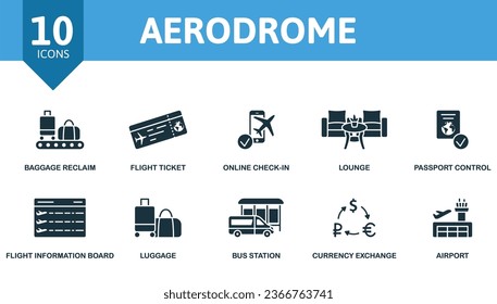 Aerodrome set. Creative icons: baggage reclaim, flight ticket, online check-in, lounge, passport control, flight information board, luggage, bus station, currency exchange, airport.