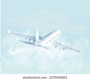 Aerodynamic, realistic-looking airplane flying through a cloudy sky vector illustration. White and blue colour shame.