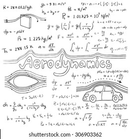 Aerodynamics law theory and physics mathematical formula equation, doodle handwriting icon in white isolated background with hand drawn model, create by vector