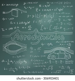 Aerodynamics law theory and physics mathematical formula equation, doodle handwriting icon in blackboard background with hand drawn model, create by vector