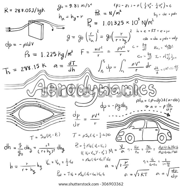 Aerodynamics law theory and\
physics mathematical formula equation, doodle handwriting icon in\
white isolated background with hand drawn model, create by\
vector
