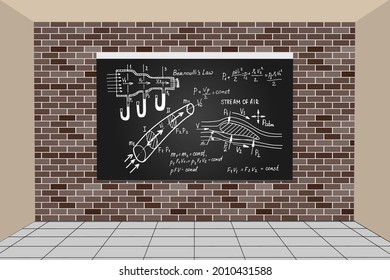 Aerodynamics. Physical equations and formulas on blackboard. Classroom 3D interior. Vector education and scientific background.