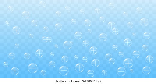 Aeroions. Particles of atmospheric air that carry a positive or negative charge. Realistic 3D vector illustration isolated on transparent background.