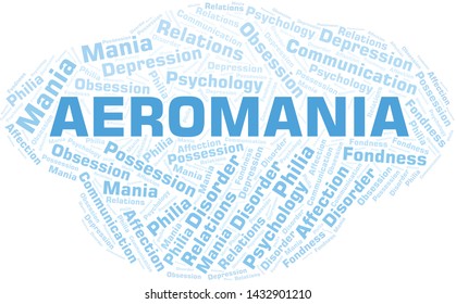 Aeromania word cloud. Type of mania, made with text only.