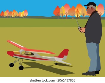 Aeromodelling an people. An old man and his RC Aircraft plane on grass field before take off. Man's hobby