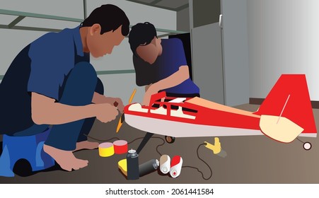 Aeromodelling plane. Two boys build a rc aircraft together. Aircraft radio control of toy's hobby