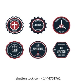Aeronautic badge vector design set element. Flight emblem retro vintage symbol label. Airplane adventure business sticker. Round aviation quality stamp